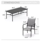 Captiva Designs Ensemble de 9 pièces, table rectangulaire spacieuse en métal à lattes avec trou pour parasol et chaises fixes en acier avec accoudoirs en forme de calebasse.