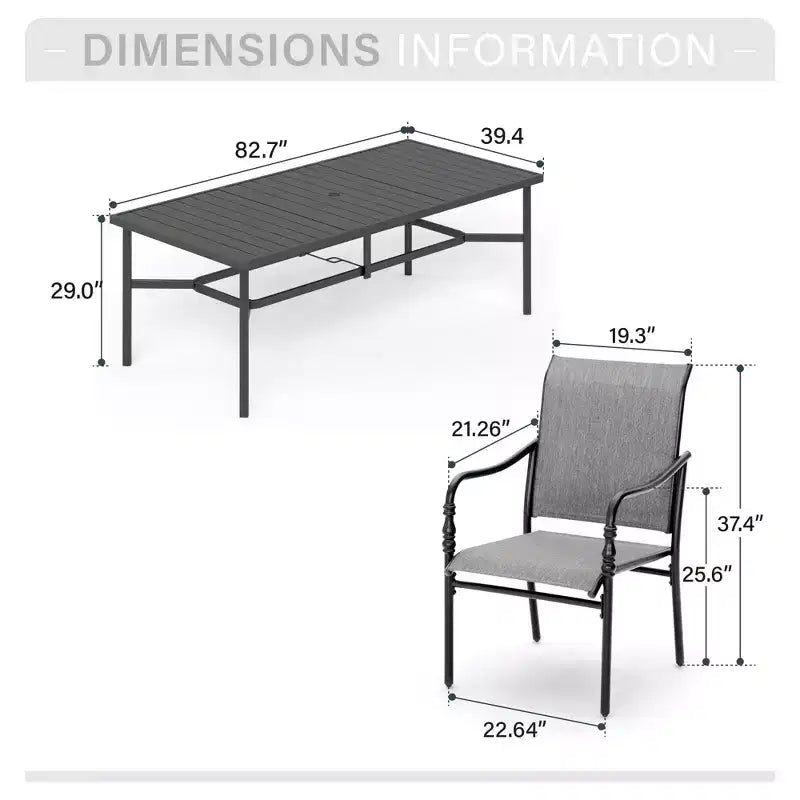 Captiva Designs Ensemble de 9 pièces, table rectangulaire spacieuse en métal à lattes avec trou pour parasol et chaises fixes en acier avec accoudoirs en forme de calebasse.