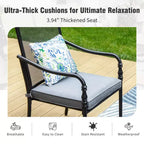 Captiva Designs Ensemble de 9 pièces, table rectangulaire spacieuse en métal à lattes avec trou pour parasol et chaises fixes en acier avec accoudoirs en forme de calebasse.