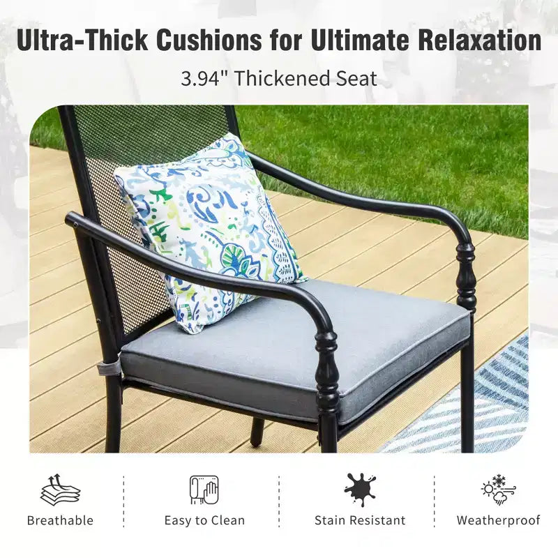 Captiva Designs Ensemble de 9 pièces, table rectangulaire spacieuse en métal à lattes avec trou pour parasol et chaises fixes en acier avec accoudoirs en forme de calebasse.