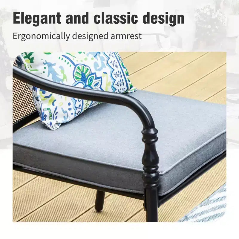 Captiva Designs Ensemble de 9 pièces, table rectangulaire spacieuse en métal à lattes avec trou pour parasol et chaises fixes en acier avec accoudoirs en forme de calebasse.