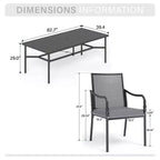 Captiva Designs Ensemble de 9 pièces, table rectangulaire spacieuse en métal à lattes avec trou pour parasol et chaises fixes en acier avec accoudoirs en forme de calebasse.