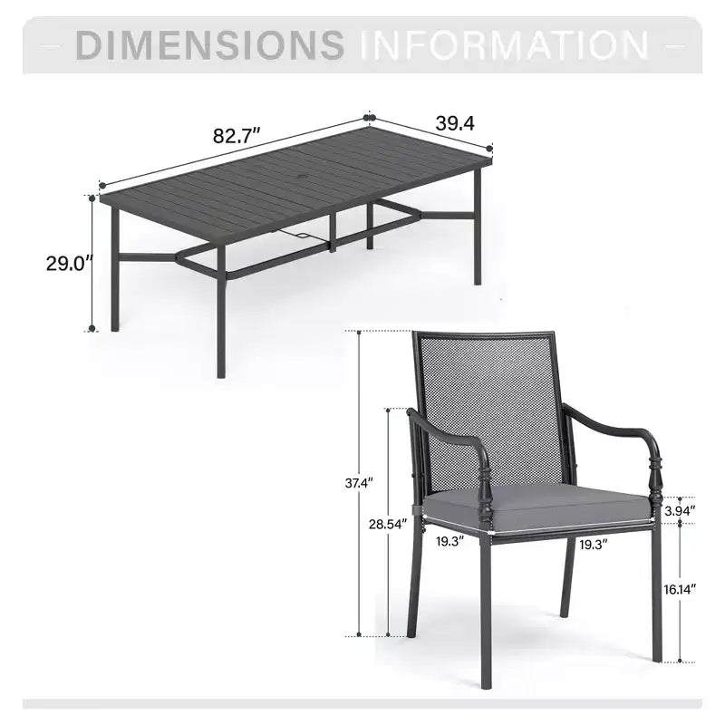 Captiva Designs Ensemble de 9 pièces, table rectangulaire spacieuse en métal à lattes avec trou pour parasol et chaises fixes en acier avec accoudoirs en forme de calebasse.