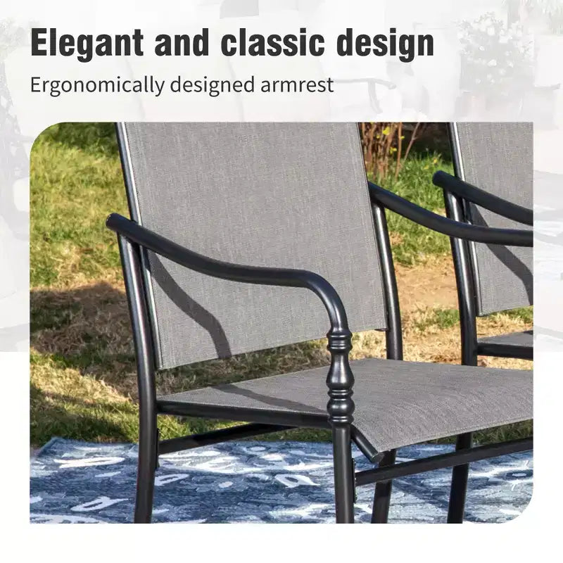 Captiva Designs Ensemble de 9 pièces, table rectangulaire spacieuse en métal à lattes avec trou pour parasol et chaises fixes en acier avec accoudoirs en forme de calebasse.