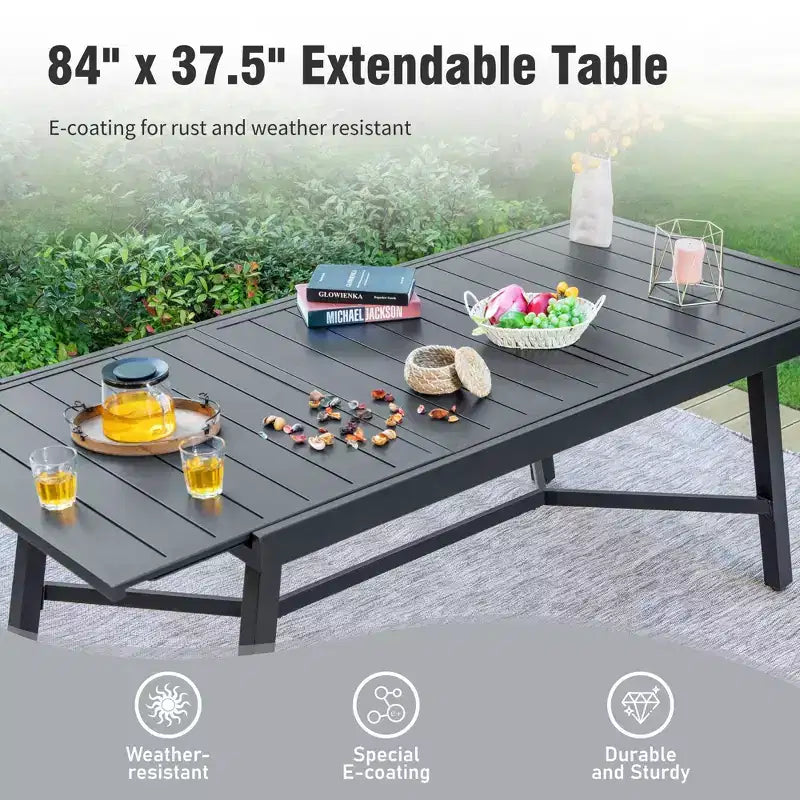 Captiva Designs Set da 9 Pezzi da Giardino Tavolo Rettangolare Estensibile in Acciaio Nero e Sedie Girevoli in Textilene
