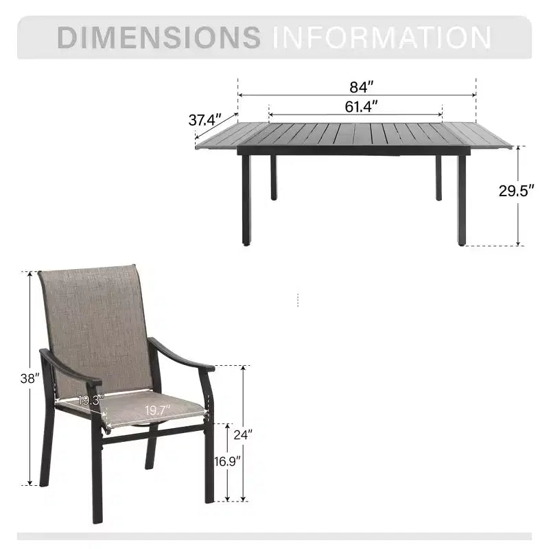 Captiva Designs Tavolo Rettangolare da Esterno 9 Pezzi in Acciaio Nero e Sedie Fisse in Textilene Marrone
