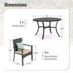 Captiva Designs – Ensemble de salle à manger 5 pièces pour patio, table à cadre en acier avec trou pour parasol et chaises en rotin avec coussins amovibles