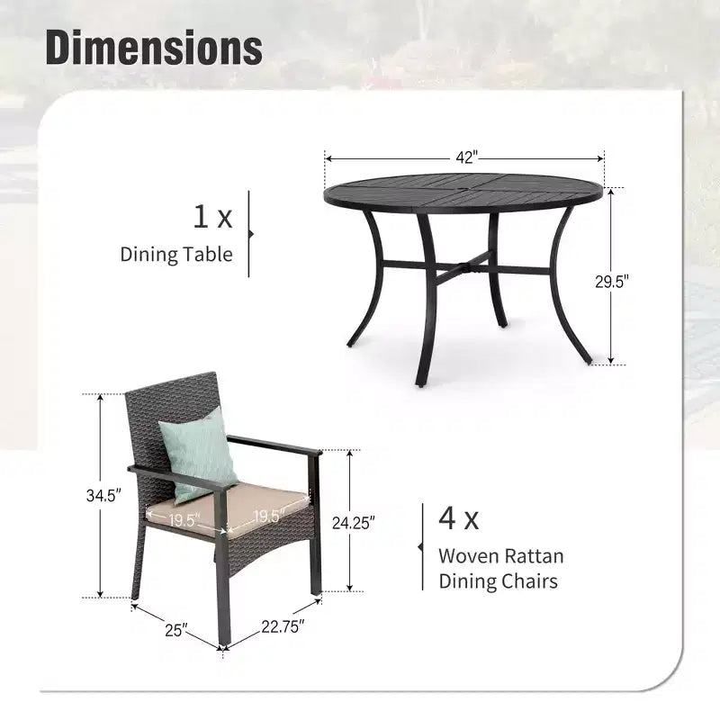 Captiva Designs – Ensemble de salle à manger 5 pièces pour patio, table à cadre en acier avec trou pour parasol et chaises en rotin avec coussins amovibles