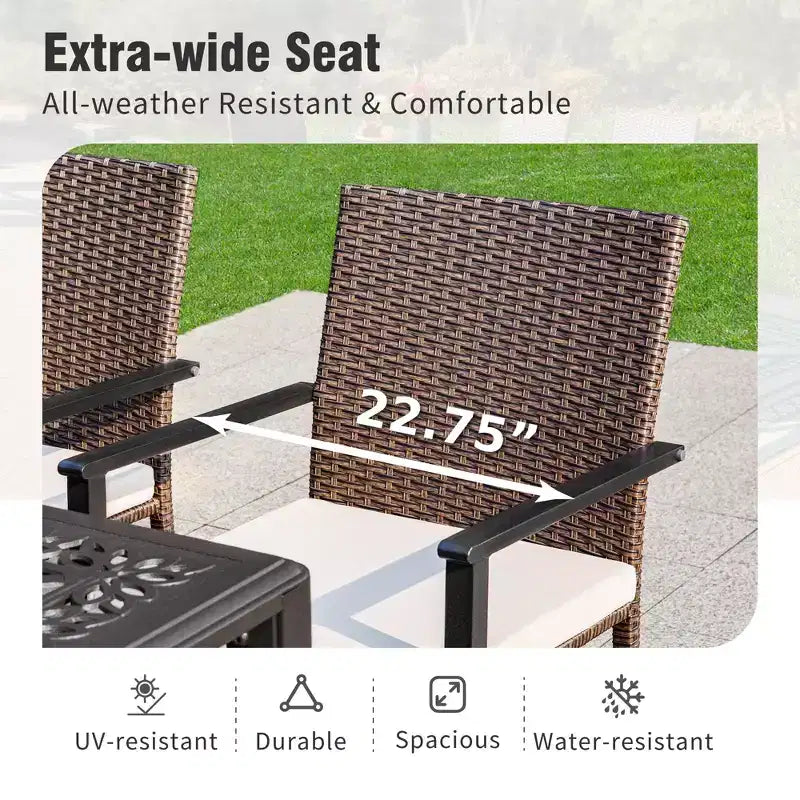 Captiva Designs – Ensemble de salle à manger 5 pièces pour patio, table à cadre en acier avec trou pour parasol et chaises en rotin avec coussins amovibles