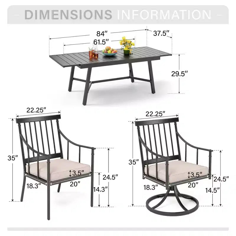 Captiva Designs Set da 9 pezzi, tavolo rettangolare in acciaio con piano a doghe regolabile e sedie a braccioli eleganti con cuscini per patio