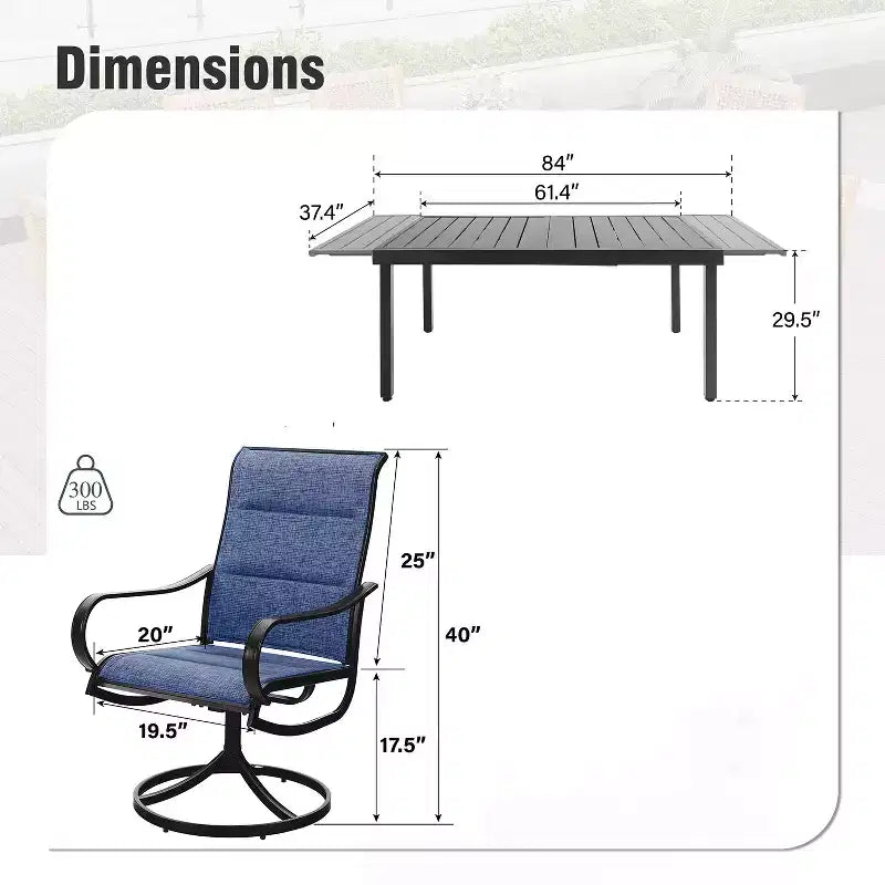 Captiva Designs Set da pranzo da 9 pezzi per esterni con tavolo rettangolare in acciaio con piano a doghe regolabile e sedie girevoli in textilene imbottite