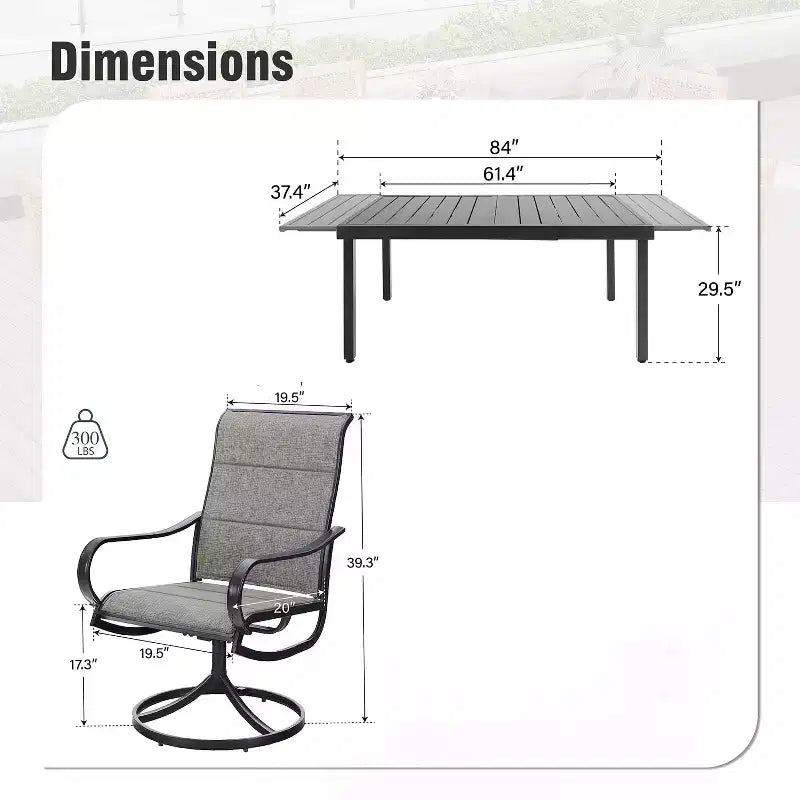 Captiva Designs Set da pranzo da 9 pezzi per esterni con tavolo rettangolare in acciaio con piano a doghe regolabile e sedie girevoli in textilene imbottite