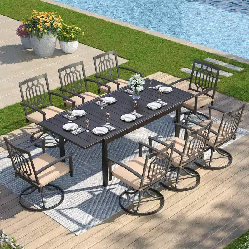 Captiva Designs Table de salle à manger rectangulaire avec plateau à lattes en acier réglable et 9 chaises en métal noir