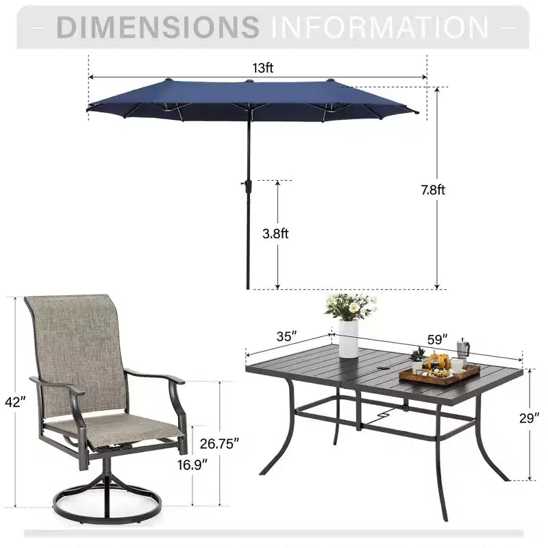 Captiva Desighttps Ensemble de salle à manger de patio 8 pièces comprenant une table rectangulaire en acier à lattes, des chaises pivotantes rembourrées en textilène et un parasol de marché