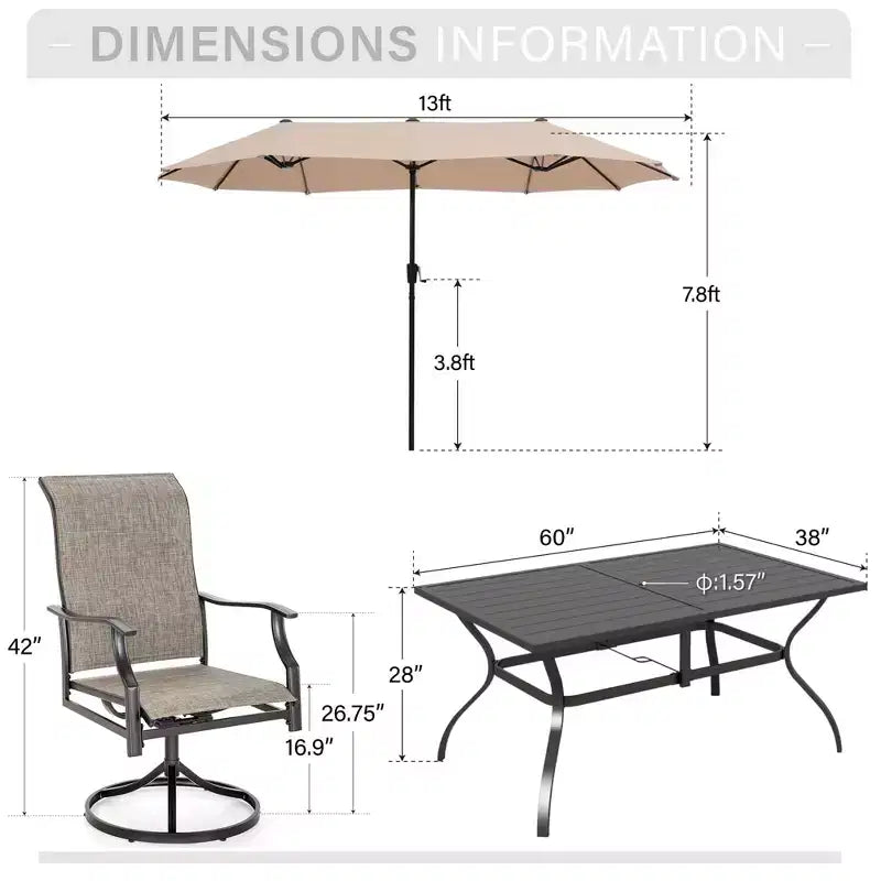 Captiva Desighttps Ensemble de salle à manger de patio 8 pièces comprenant une table rectangulaire en acier à lattes, des chaises pivotantes rembourrées en textilène et un parasol de marché