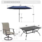 Captiva Desighttps Ensemble de salle à manger de patio 8 pièces comprenant une table rectangulaire en acier à lattes, des chaises pivotantes rembourrées en textilène et un parasol de marché