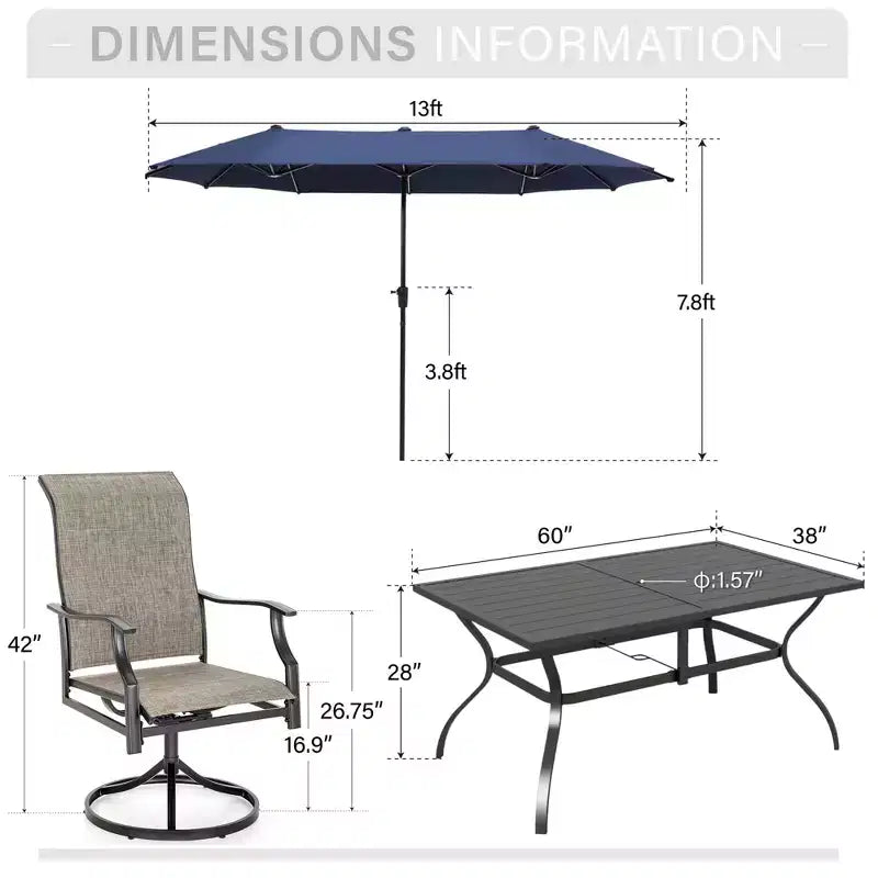 Captiva Desighttps Ensemble de salle à manger de patio 8 pièces comprenant une table rectangulaire en acier à lattes, des chaises pivotantes rembourrées en textilène et un parasol de marché