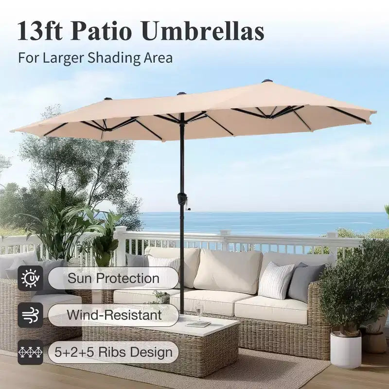 Captiva Desighttps Ensemble de salle à manger de patio 8 pièces comprenant une table rectangulaire en acier à lattes, des chaises pivotantes rembourrées en textilène et un parasol de marché