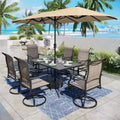 Captiva Desighttps 8pc Patio Dining Slat-top Rectangular Steel Table & Padded Sling Swivel Chairs & Market Umbrella