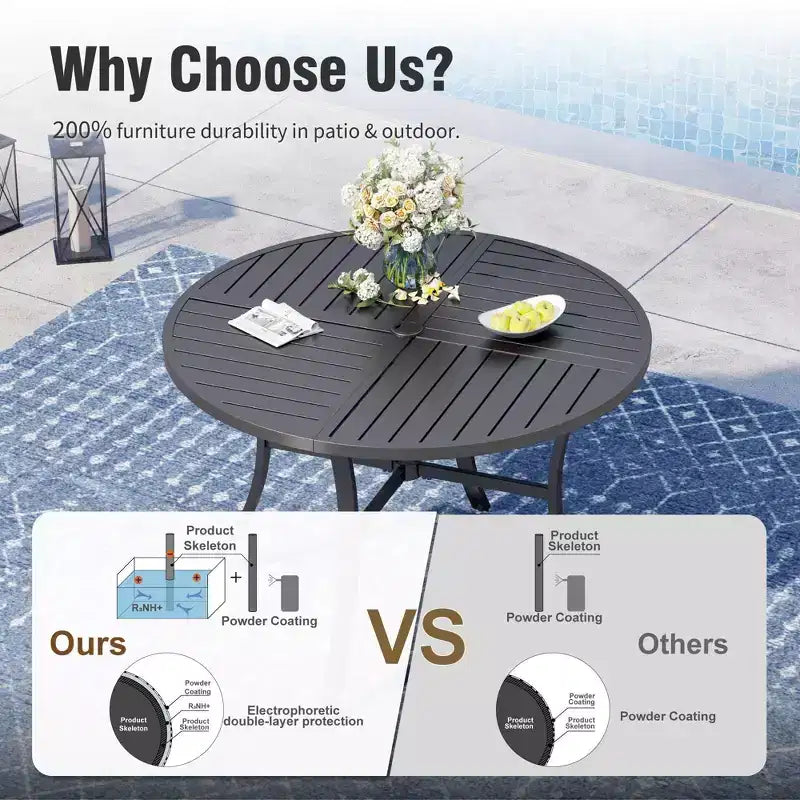 Captiva Designs Set da 7 Pezzi da Pranzo per Patio con Tavolo in Acciaio con Piano a Liste e Sedie in Rattan Beige con Cuscini