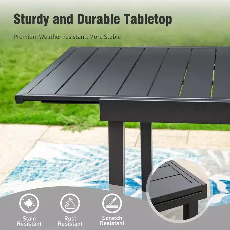 Captiva Designs Set da 7 Pezzi da Pranzo per Patio con Tavolo in Acciaio con Piano a Liste e Sedie in Rattan Beige con Cuscini