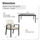Captiva Designs Set da 7 Pezzi da Pranzo per Patio con Tavolo in Acciaio con Piano a Liste e Sedie in Rattan Beige con Cuscini