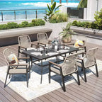 Captiva Designs 7pc Patio Dining Slat-top Steel Table & Beige Rattan Chairs with Cushions