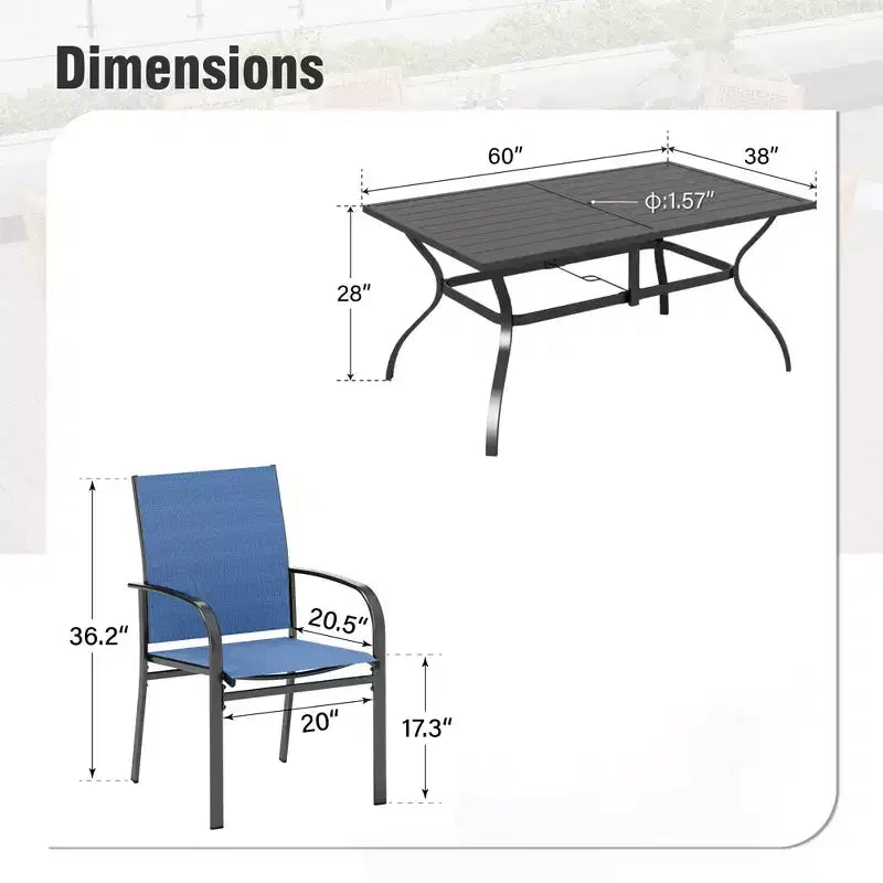 Captiva Designs Set da Pranzo da Esterno 7 Pezzi con Tavolo Rettangolare con Piano a Doghe e Sedie Fisse in Tessuto Traspirante
