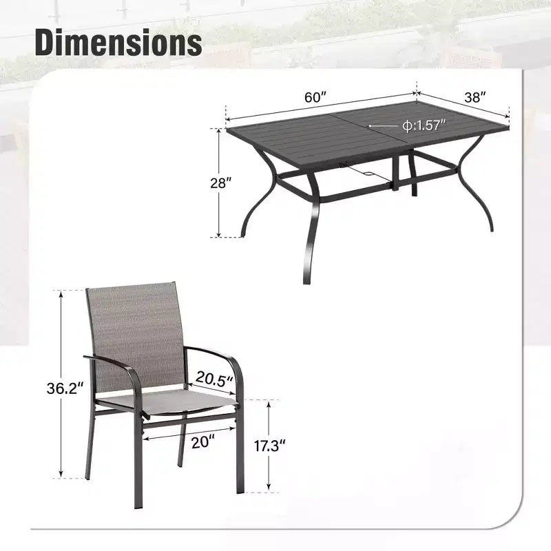 Captiva Designs Set da Pranzo da Esterno 7 Pezzi con Tavolo Rettangolare con Piano a Doghe e Sedie Fisse in Tessuto Traspirante