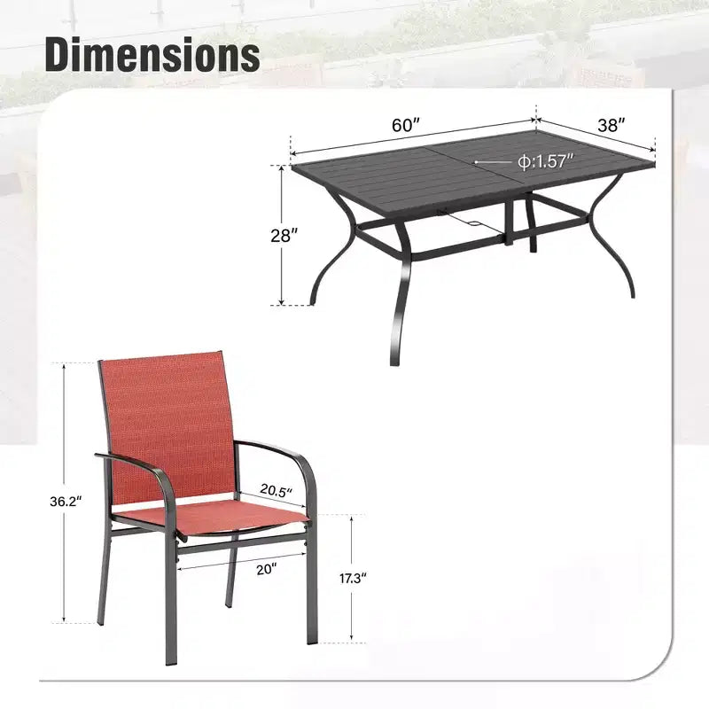 Captiva Designs Set da Pranzo da Esterno 7 Pezzi con Tavolo Rettangolare con Piano a Doghe e Sedie Fisse in Tessuto Traspirante
