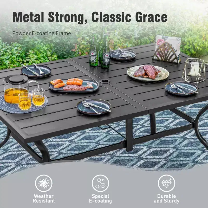 Captiva Designs Set da Pranzo da Esterno 7 Pezzi con Tavolo Rettangolare con Piano a Doghe e Sedie Fisse in Tessuto Traspirante