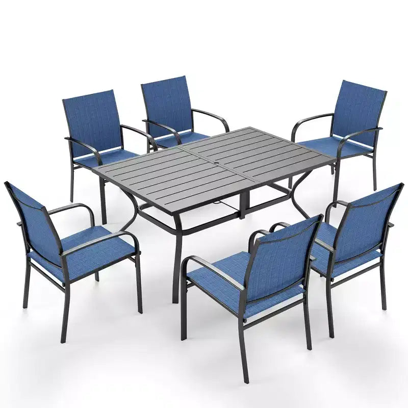 Captiva Designs 7pc Patio Dining Set with Slat-top Rectangle Table & Sling Fixed Chairs