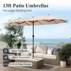 Captiva Designs Set da 8 Pezzi per Esterni: Tavolo da Pranzo Rettangolare in Acciaio, Sedie Girevoli in Rattan e Ombrellone Beige