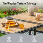 Captiva Designs Set da 8 Pezzi per Esterni: Tavolo da Pranzo Rettangolare in Acciaio, Sedie Girevoli in Rattan e Ombrellone Beige