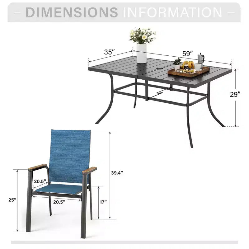 Captiva Designs Set da pranzo da esterno 7 pezzi con tavolo rettangolare in acciaio e sedie in textilene con struttura in alluminio
