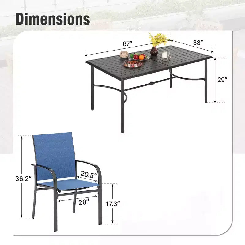 Captiva Designs Tavolo da pranzo rettangolare da esterno a 7 pezzi in acciaio con staffa trasversale a C e sedie fisse a imbracatura