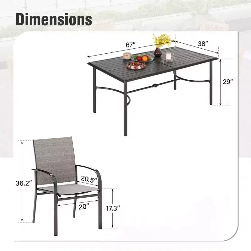 Captiva Designs Tavolo da pranzo rettangolare da esterno a 7 pezzi in acciaio con staffa trasversale a C e sedie fisse a imbracatura