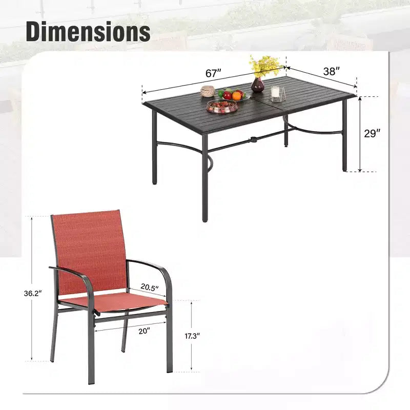Captiva Designs Tavolo da pranzo rettangolare da esterno a 7 pezzi in acciaio con staffa trasversale a C e sedie fisse a imbracatura