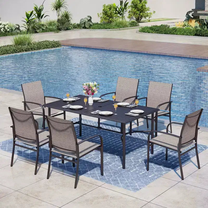 Table de salle à manger rectangulaire en acier 7 pièces Captiva Designs avec support en X en C et chaises fixes en toile