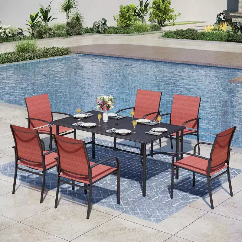 Table de salle à manger rectangulaire en acier 7 pièces Captiva Designs avec support en X en C et chaises fixes en toile