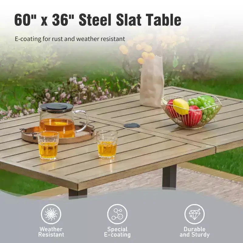 Table rectangulaire d'extérieur Captiva Designs 7 pièces en acier avec trou pour parasol et chaises pivotantes en textilène