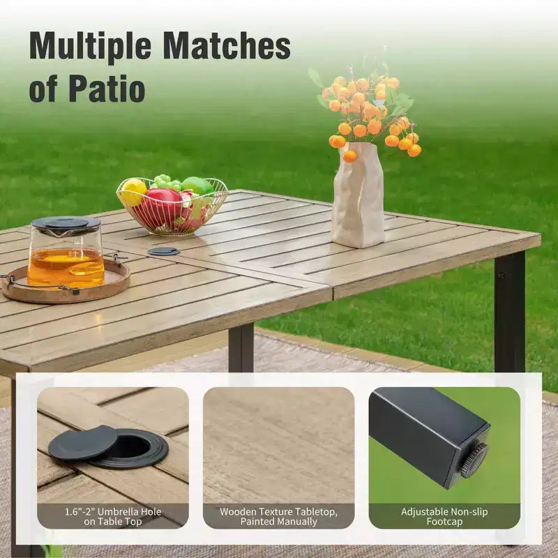 Table rectangulaire d'extérieur Captiva Designs 7 pièces en acier avec trou pour parasol et chaises pivotantes en textilène