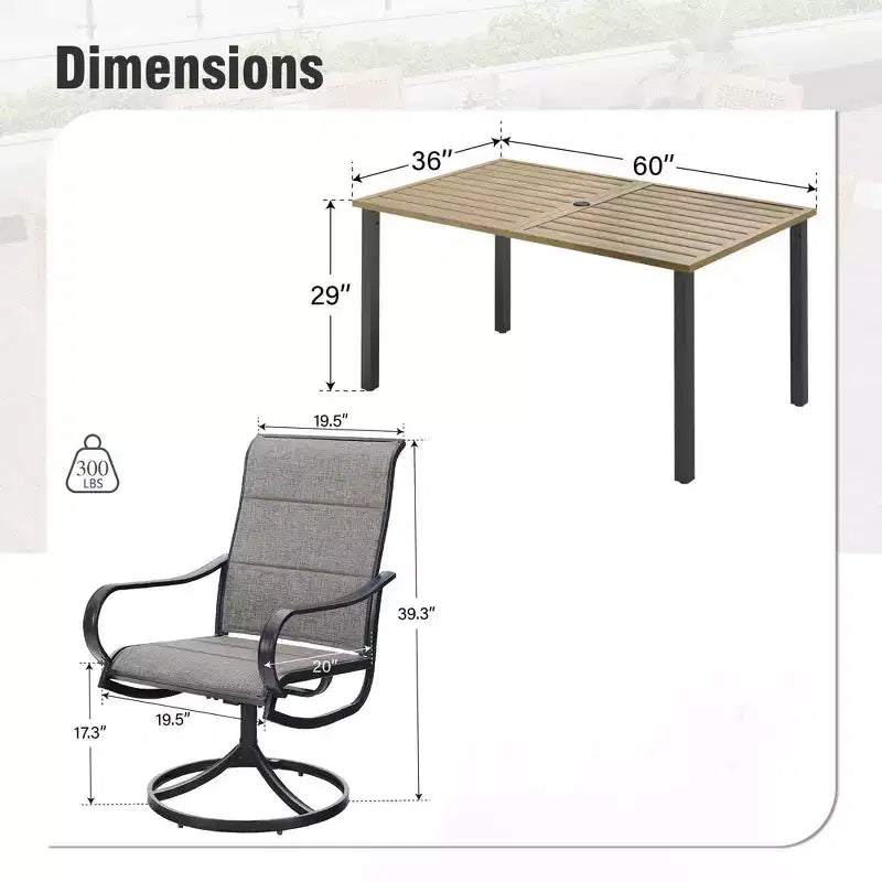Table rectangulaire d'extérieur Captiva Designs 7 pièces en acier avec trou pour parasol et chaises pivotantes en textilène