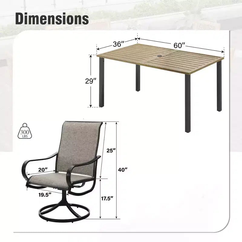 Table rectangulaire d'extérieur Captiva Designs 7 pièces en acier avec trou pour parasol et chaises pivotantes en textilène