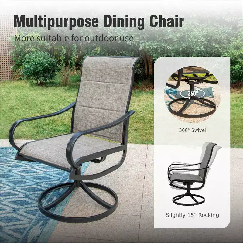 Table rectangulaire d'extérieur Captiva Designs 7 pièces en acier avec trou pour parasol et chaises pivotantes en textilène