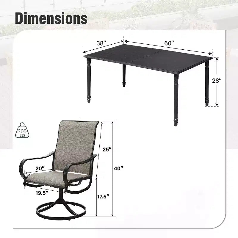 Captiva Designs, tavolo da pranzo rettangolare in acciaio con piano a doghe e 6 sedie girevoli a fionda grigio-marrone per patio esterno, 7 pezzi