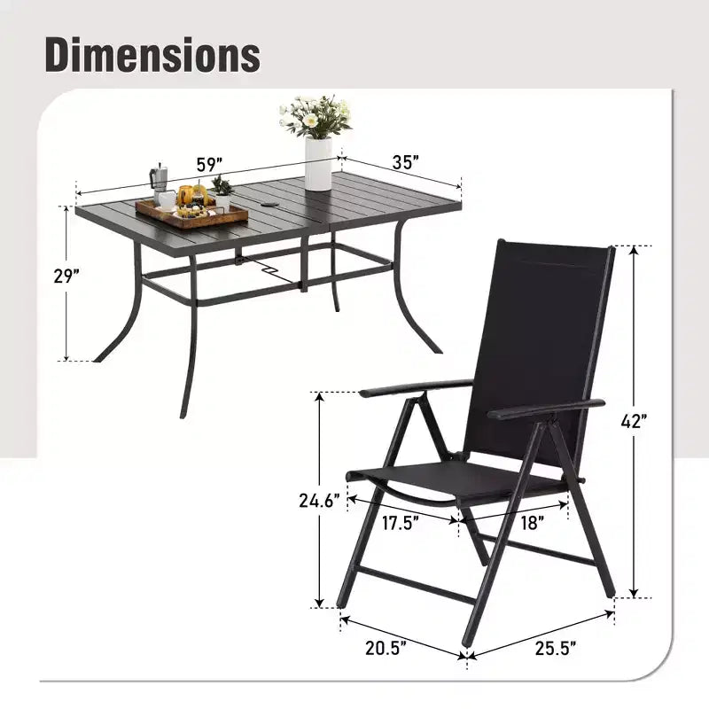 Captiva Designs Set da pranzo da 7 pezzi da esterno con tavolo rettangolare in acciaio e sedie reclinabili pieghevoli in textilene preassemblate