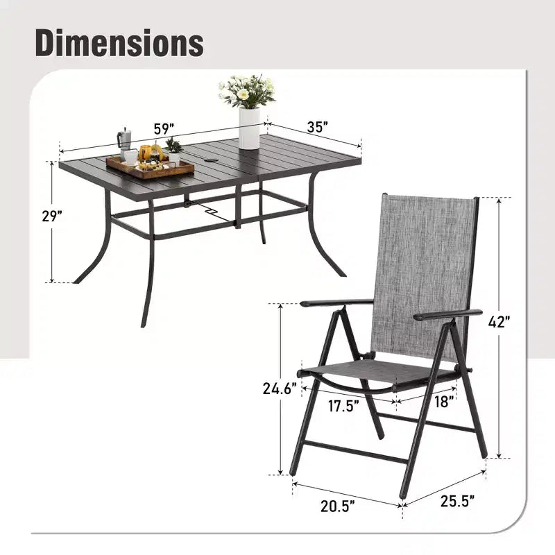 Captiva Designs Set da pranzo da 7 pezzi da esterno con tavolo rettangolare in acciaio e sedie reclinabili pieghevoli in textilene preassemblate
