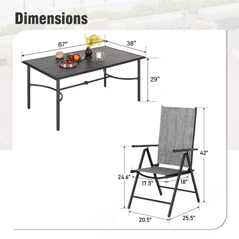 Captiva Designs Set da pranzo da 7 pezzi da esterno con tavolo rettangolare in acciaio e sedie reclinabili pieghevoli in textilene preassemblate