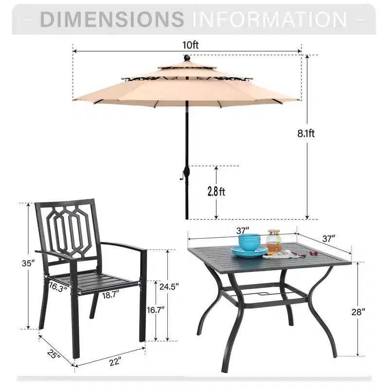 Set Captiva Designs da 6 pezzi con tavolo quadrato da giardino, sedie in metallo con schienale a fuso e ombrellone beige